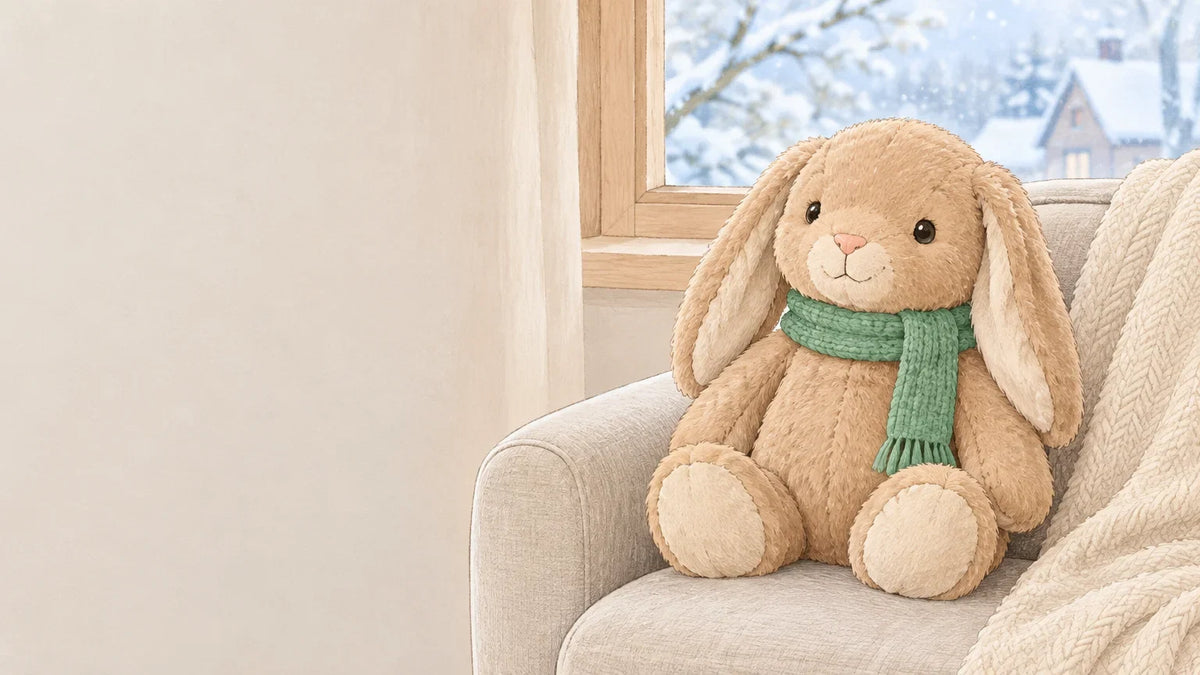 Bouillotte peluche posée sur un fauteuil dans une ambiance hivernale