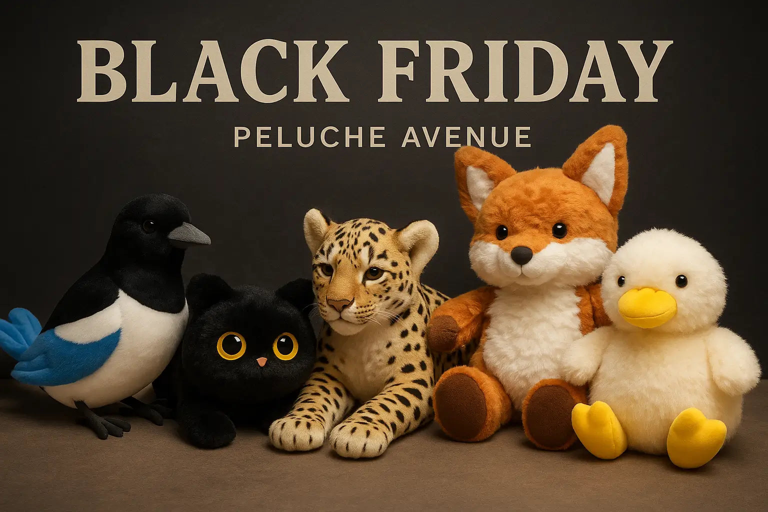 BanniÚre Black Friday Peluche Avenue avec cinq peluches réalistes : renard, oiseau, canard, chat noir kawaii et léopard. Fond sombre studio et texte Black Friday pour une promotion spéciale.