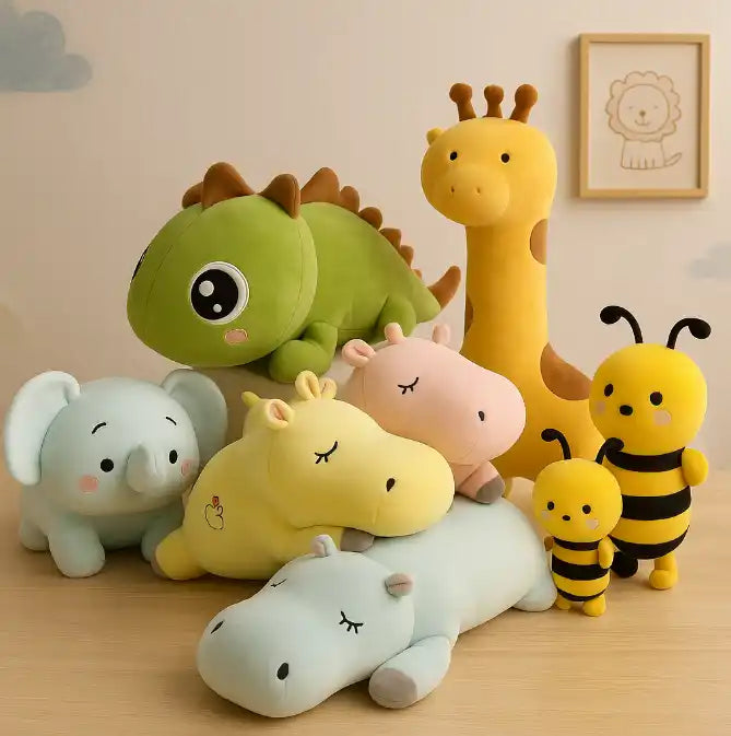 Une collection de jouets d'animaux doux et moelleux.
