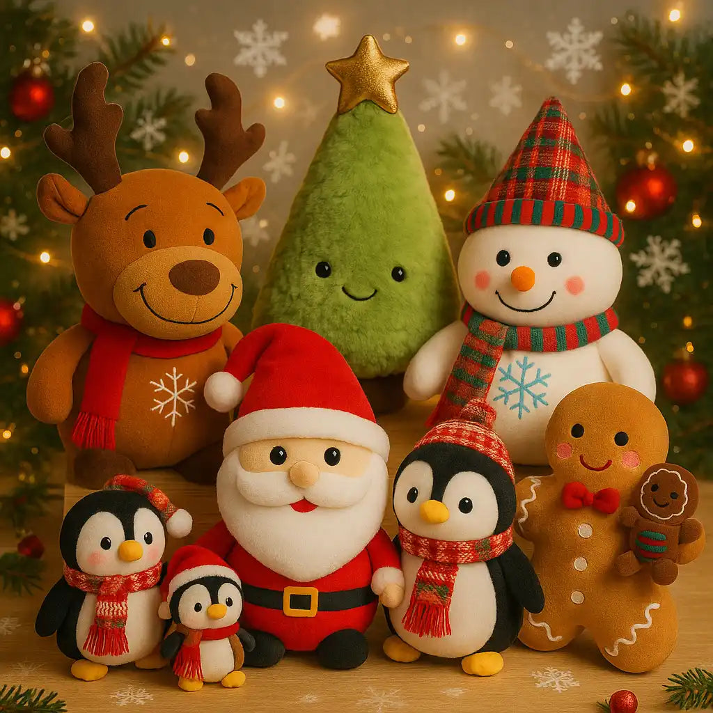 Une collection de personnages en peluche sur le thÚme de Noël, comprenant le pÚre Noël, des rennes, un bonhomme de neige, des pingouins, un arbre de Noël et des figurines en pain d'épice.