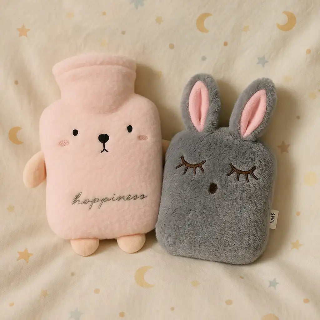 Deux housses de bouillotte en forme d'animaux peluches, une rose en forme d'ours et une grise en forme de lapin.