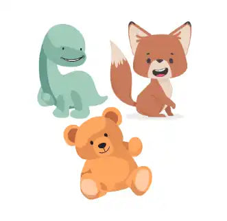 Trois animaux en peluche de style dessin animé.