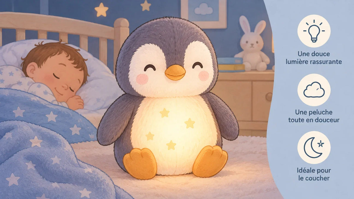 Peluche pingouin veilleuse pour illustrer une sélection de veilleuses en peluche pour bébé