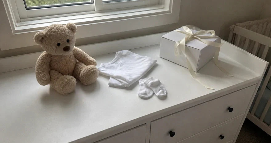 Ours en peluche beige posé sur une commode blanche avec un body bébé, de petites chaussettes et une boîte cadeau dans une chambre de bébé