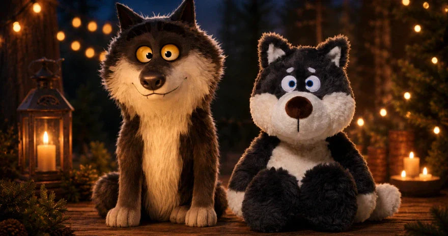 Enfant tenant une peluche loup husky douce dans ses mains, avec un fond intérieur chaleureux et lumineux.