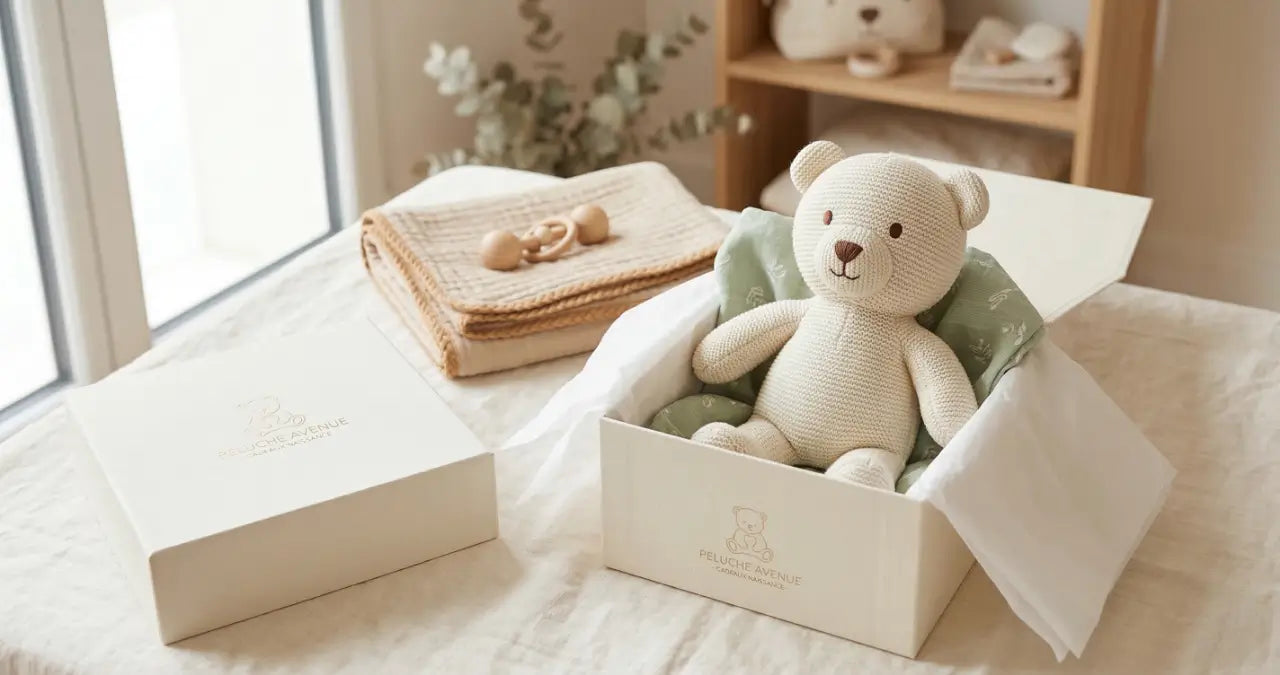 ours en peluche blanc dans un carton prêt à être emballé