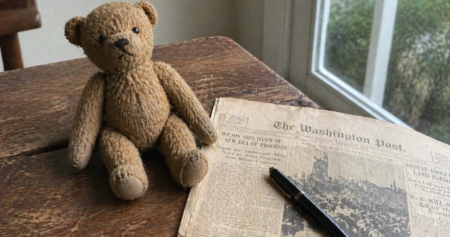 teddy bear vintage posé sur table en bois avec journal ancien et stylo plume illustrant l’origine du teddy bear 1902