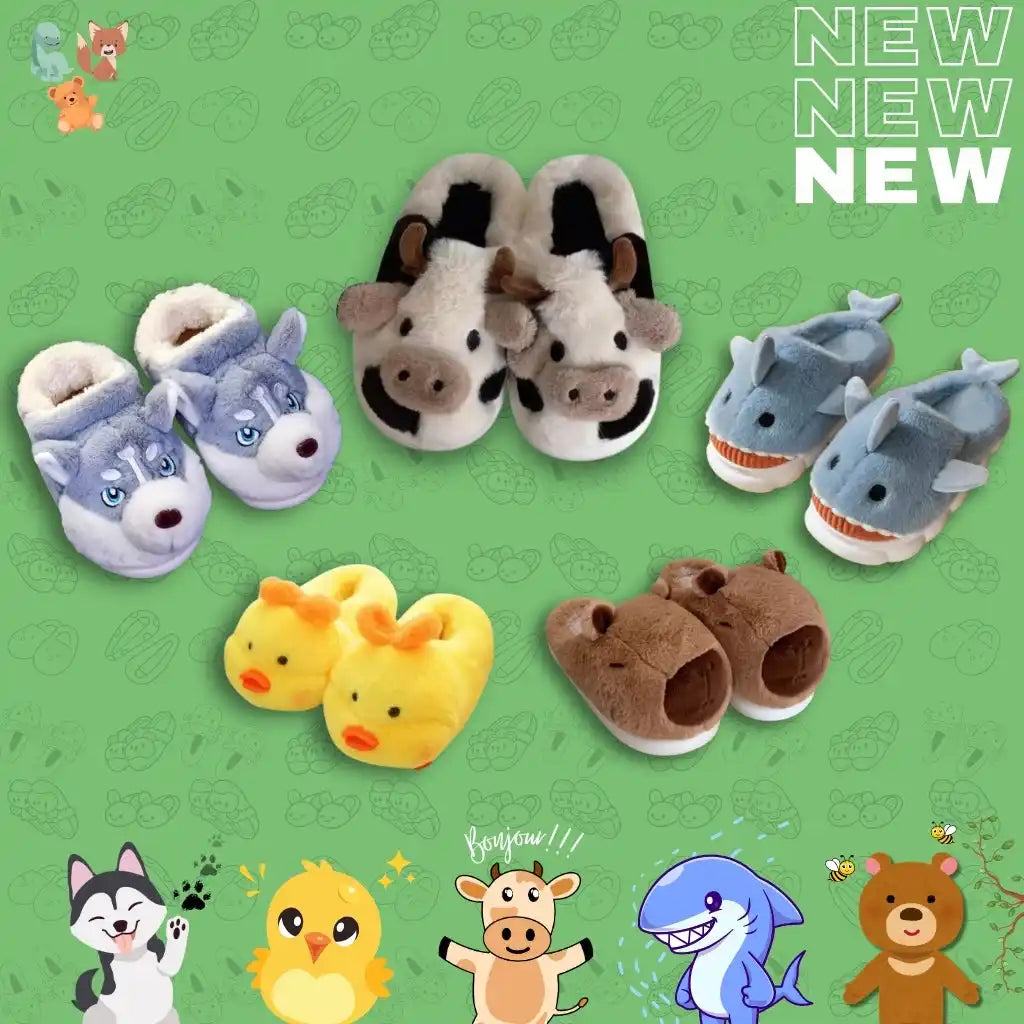 Chaussons peluche à thème animal varié.