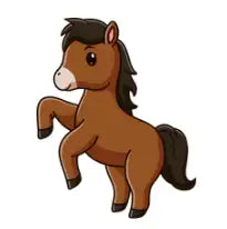 Autocollant de cheval de dessin animé marron avec crinière et queue noires, museau blanc