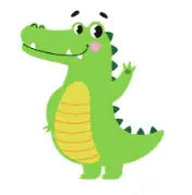 Autocollant de crocodile cartoon vert avec ventre jaune et yeux noirs.