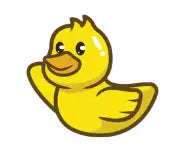 Canard en caoutchouc jaune jouet avec bec et pieds bruns, marque populaire : battat.