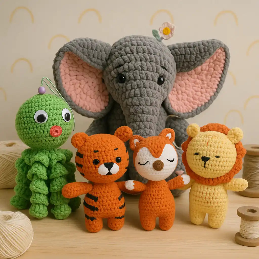 Une collection de cinq peluches crochetées faites main, incluant un éléphant, un tigre, un renard, un lion et une pieuvre verte.