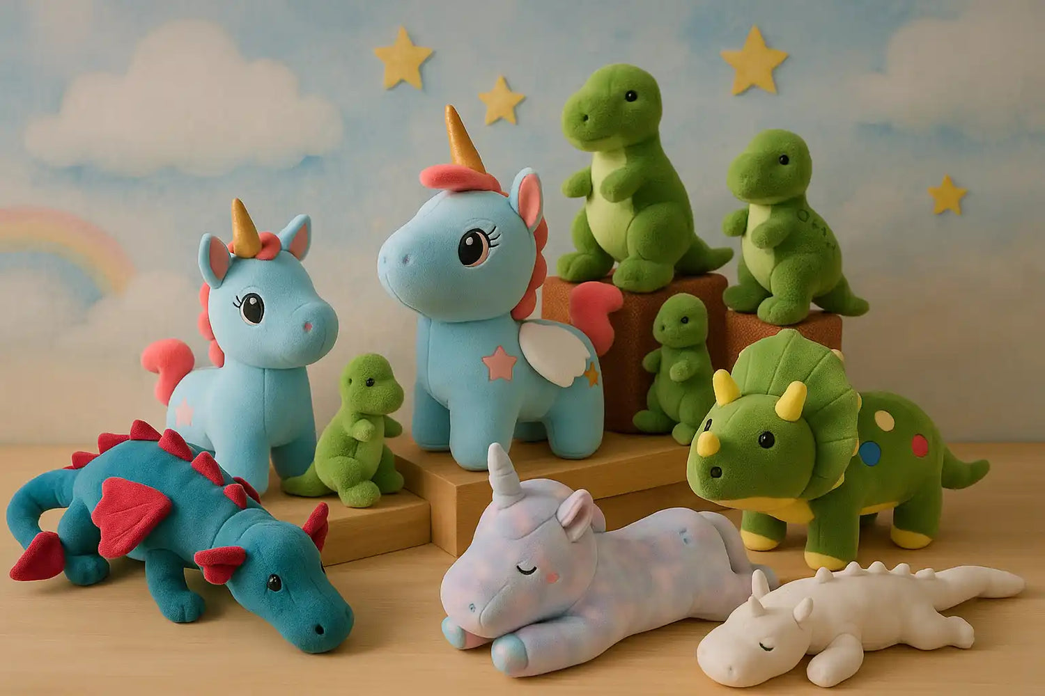 Une collection de jouets en peluche colorés, comprenant des licornes, des dinosaures et un dragon.