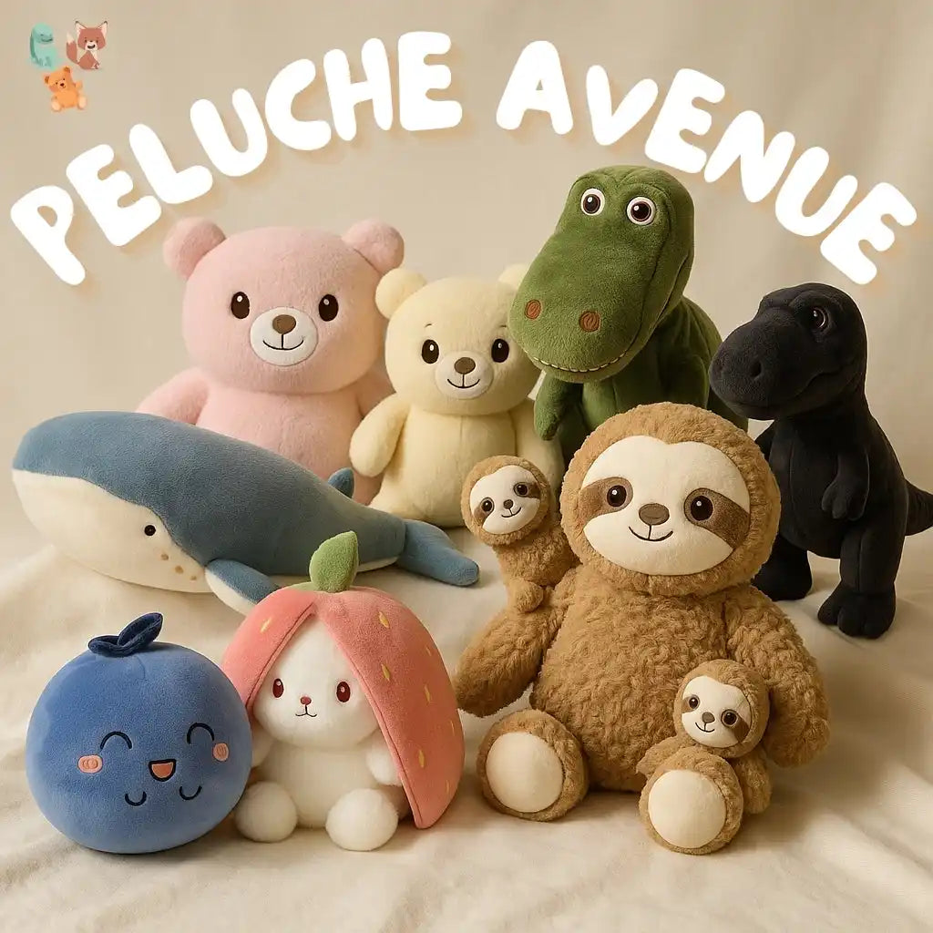 Une collection de différentes peluches en formes d'animaux et de fruits.