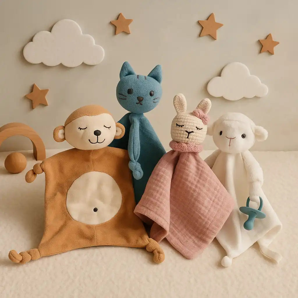 Une collection de quatre couvertures ou doudous doux sur le thème des animaux pour bébés, comprenant un singe, un chat bleu, un lapin rose et un agneau blanc avec une sucette.