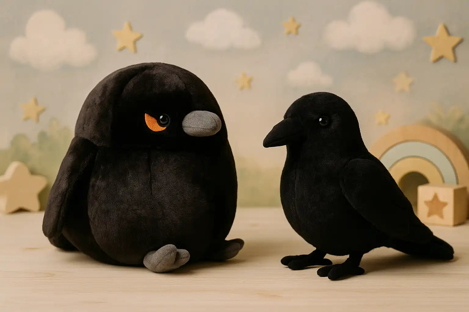 Deux jouets de corbeau en peluche noire.