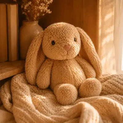  Peluche lapin posée sur une couverture dans une ambiance dorée