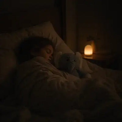 Enfant endormi avec sa peluche à la lumière d'une veilleuse