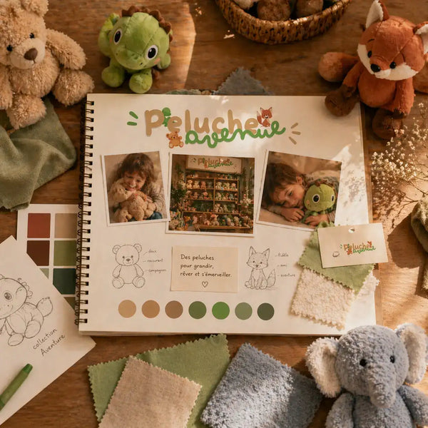 Moodboard créatif Peluche Avenue avec croquis, échantillons et peluches