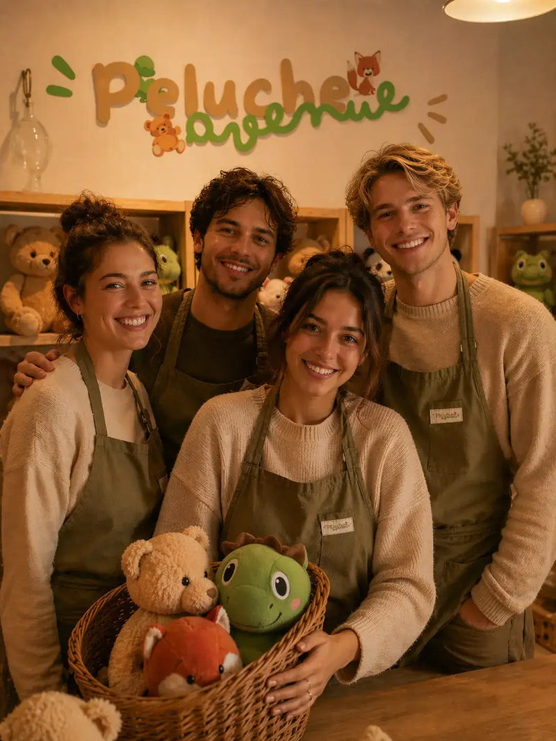 L'équipe Peluche Avenue souriante dans la boutique