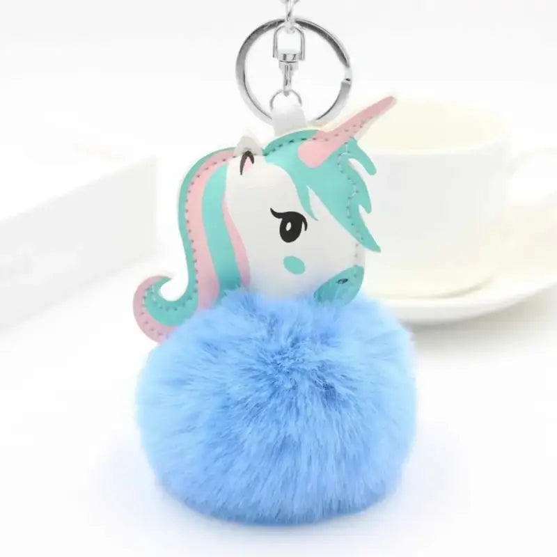 porte clé licorne pompon - Bleu