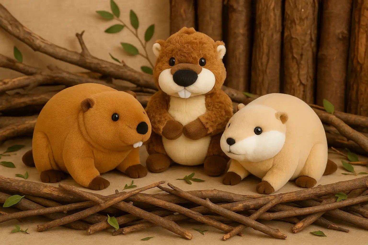 Trois jouets en peluche de castor, un debout et deux à quatre pattes.