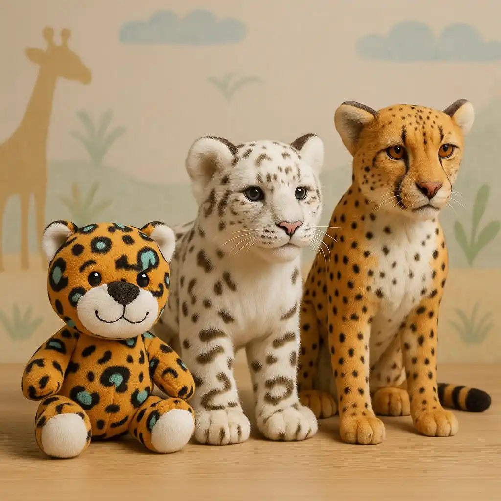 Trois jouets en peluche de félins, l'un un jaguar tacheté, l'autre un léopard blanc, et le dernier un guépard.