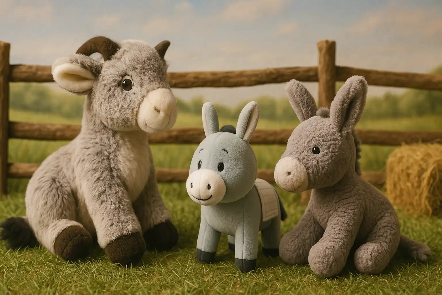 Trois jouets en peluche d'animaux de ferme : un bélier, un bébé âne et un âne.
